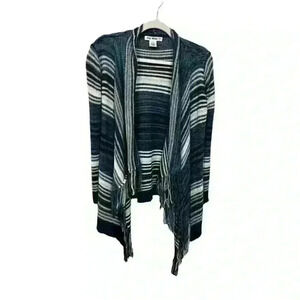 Say What? Womens SM Sweater Cardigan Open Front Blue White Tan Draped Fringe Hem